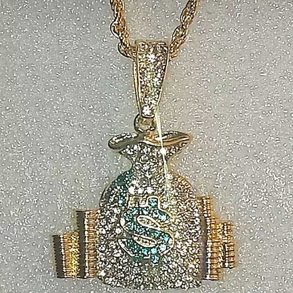 Jewelry iced hip-hop money bag medallion piece with gold plated rope chain - Picture 3 of 5